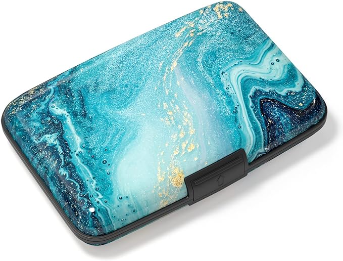 Credit Card Holder, Mini Aluminum Card Wallet RFID Blocking Slim Metal Hard Card Case for Women Men, Blue Ocean Marble