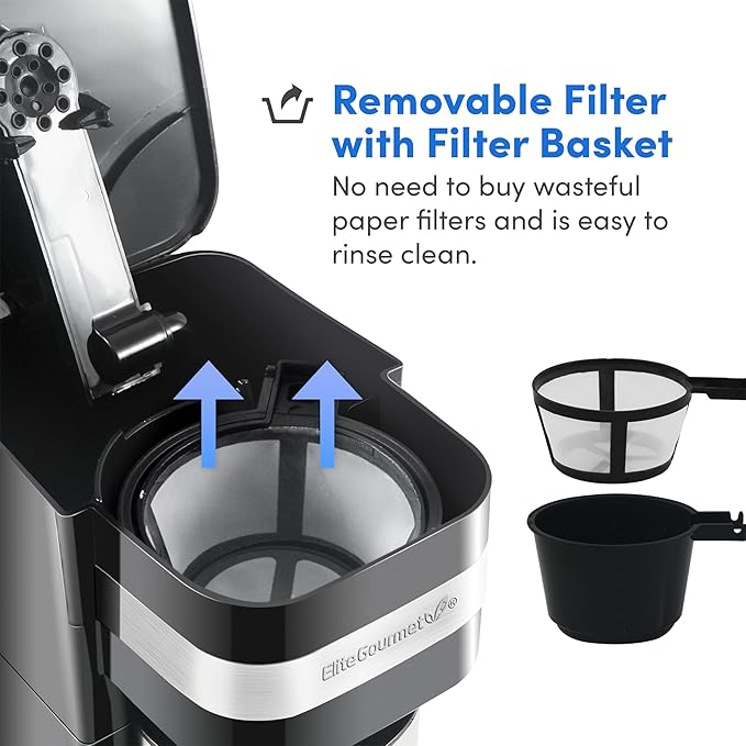 Elite Gourmet EHC111A Personal Single-Serve Compact Coffee Maker Brewer Includes 14Oz. Stainless Steel Interior Thermal Travel Mug,Compatible with Coffee Grounds,Reusable Filter,Black,(Pack of 6)