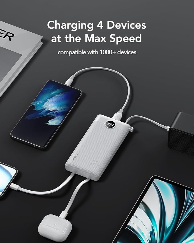 VRURC Power Bank for iPhone, 22.5W Fast Charging Phone Charge with Built-in Cables,10000mAh USB C in & Out Cord Portable Charger,Slim Lightweight Charging Bank Travel Essentail-White(1 Pack)