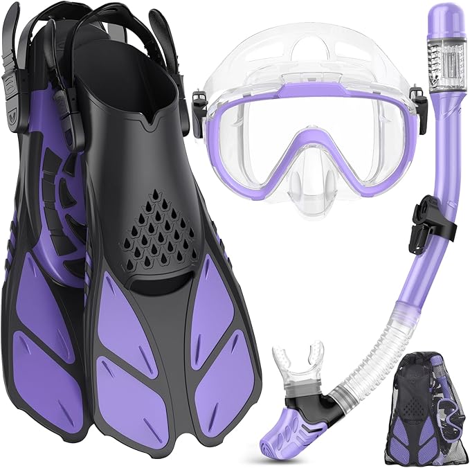 Ubekezele Snorkeling Gear for Adults Men Women,4 in 1 Snorkel Set with Panoramic View Diving Mask Anti-Fog Anti-Leak,Dry Top Snorkel,Fins and Travel Bag for Swimming,Snorkeling and Travel Diving