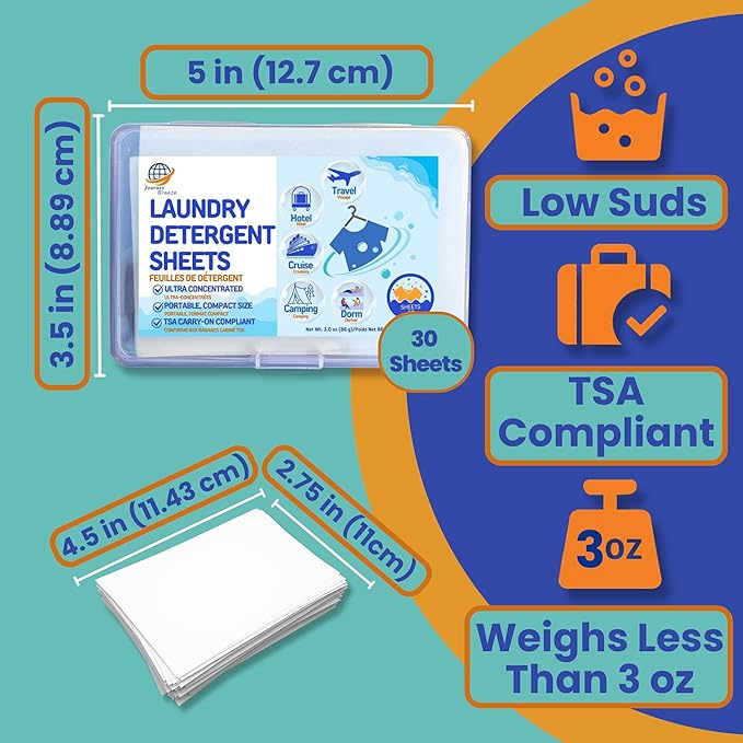 Travel Laundry Detergent Sheets 30 Pack – Hand Wash or Machine Wash Travel Detergent, Compact Sink Washing Detergent Strips for Clothes on Trips, Hotels & Cruises