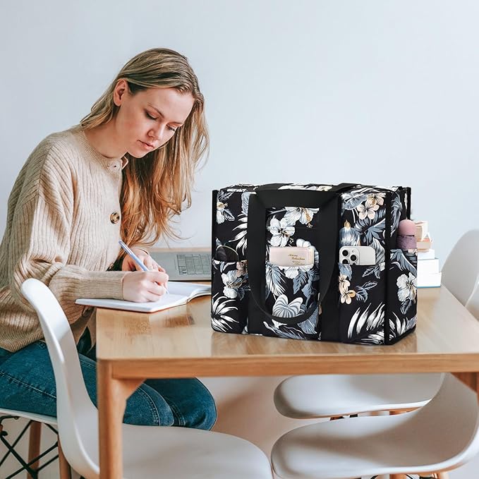 Becokan Large Tote Bag for Women Waterproof with 12 Pockets Top Zipper Closure Utility Teacher Nurse Bags for Work School