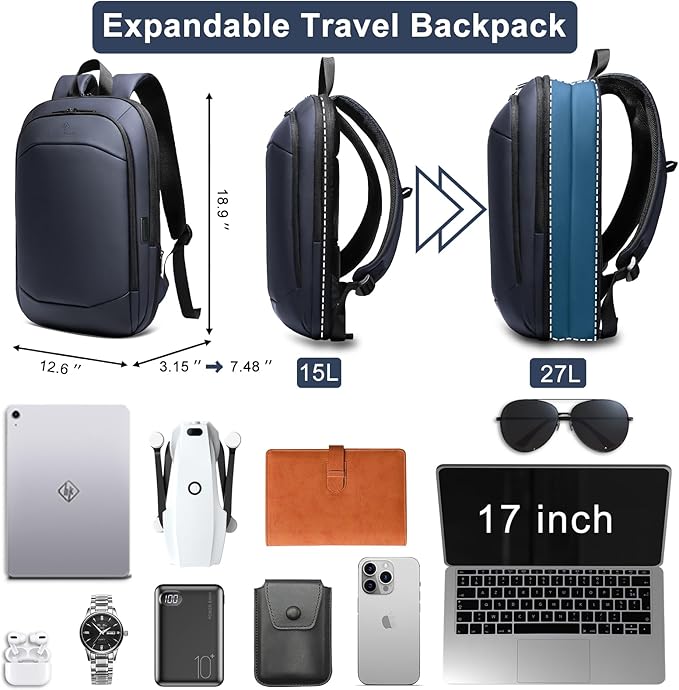 Business Backpack 17 Inch Slim Expandable Waterproof Travel Laptop Backpacks with USB Charger Port Anti-Theft Lightweight Large Work Computer Bag College Laptop Backpacks Gifts for Men Women,Dark Blue