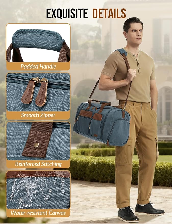 Canvas Duffle Bag for Travel 50L Expandable Travel Duffel Bags for Men Women Overnight Weekend Gym Bag with Shoes Compartment - Navy blue