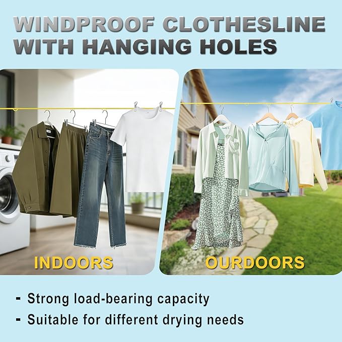 Portable Travel Clothesline, Windproof Clothes Laundry Line with Clothespins & Hang Holes, Indoor & Outdoor Clothes Drying Rope for Hotel, Backyard,Cruise Ships, Camping (Yellow, 20 Ft)