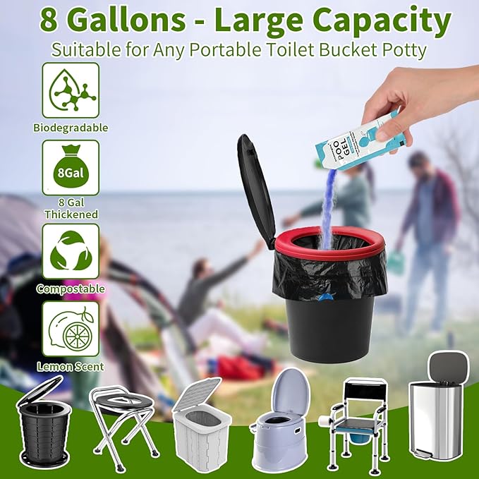 oceanengine Portable Toilet Bags Poo Gel Set, 8 Gallon Camping Toilet Bags with Portable Toilet Absorbent Gel, Compostable Portable Potty Bags for Camping Outdoor Hiking