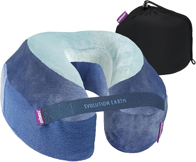Cabeau Softest Neck Pillow Ever for Travel – Evolution Earth Deluxe – 360° Head, Neck and Chin Support for Sleeping – Sustainable Memory Foam - Buttery Soft Fabric with Compact Carrying Case (Water)