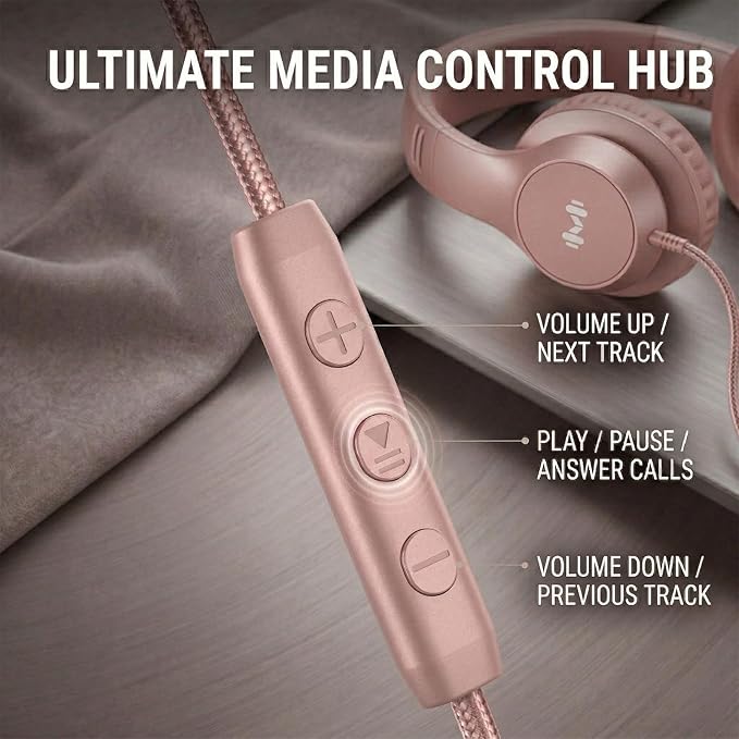 Wired Headphones, Premium Over-Ear Headset with Hi-Fi Stereo Sound, Noise-Isolating Ear Cushions, Lightweight Comfortable Design, Tangle-Free Cable, Ideal for Work, Travel, Daily(Rose Gold)