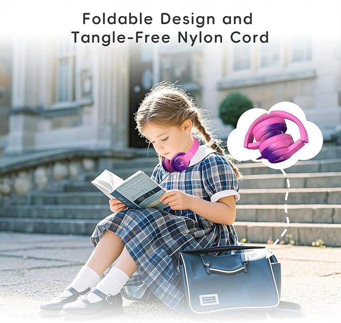 Candy Bila Kids Headphones, Wired Headphones for Kids Over Ear with Microphone, 85/94dB Volume Limiter Headphone for Girls Boys, Foldable Headphone for Learning, Deep Purple and Pink