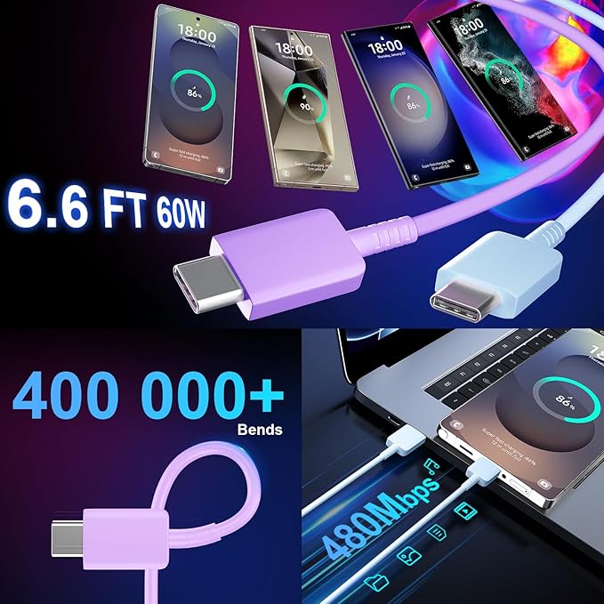 USB C Android Charger Fast Charging Cord, Super Fast Phone Chargers 6.6FT C to C Type Cable with 25W USBC Wall Block for Samsung Galaxy S26 S25 S24 Ultra Plus/S23/S22/S21/S20/Note 20/10,Gradient