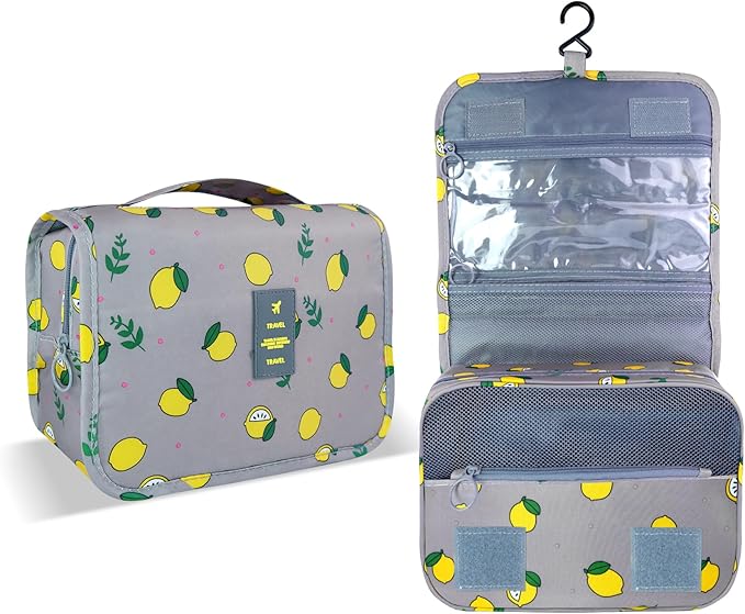 Lcsmaokin Large Capacity Toiletry Bag Travel Bag with Hanging Hook for Men and Women Waterproof Travel Cosmetic Bag Bathroom Storage Bag for Brushes Set,Full-Sized Shampoo,Accessories-Grey Lemon