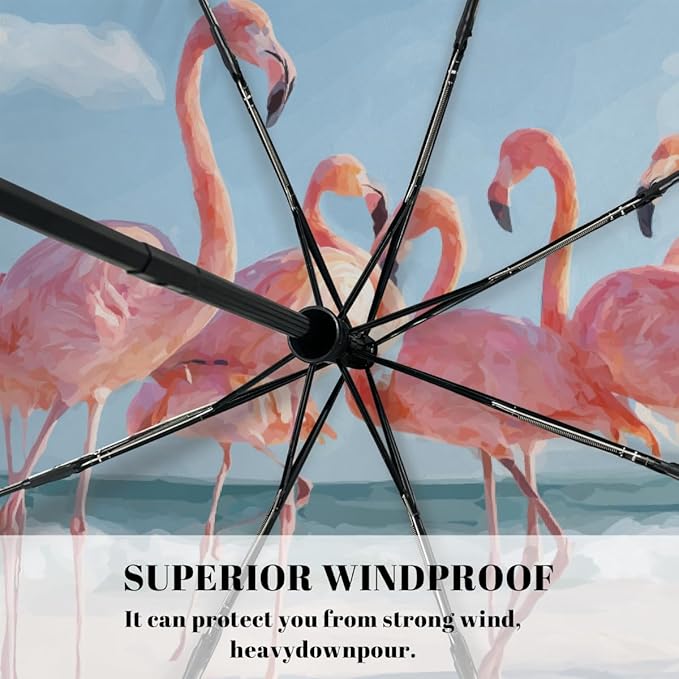 Auto Open Close Umbrellas for Rain and Sun,Folding Windproof Travel Umbrella Summer Pink Flamingos Artwork for Women Men