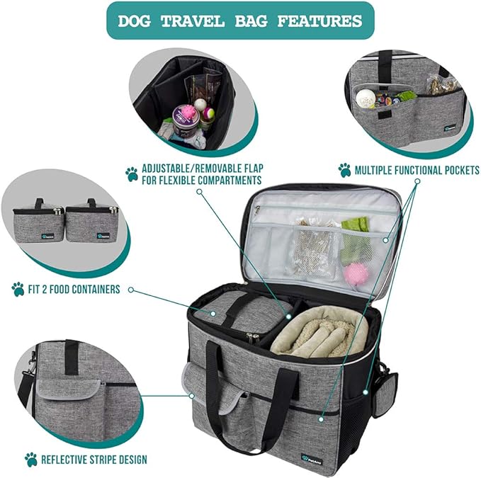 PetAmi Dog Travel Bag, Travel Pet Bag Organizer, Dog Food Travel Bag with Container Collapsible Bowls, Pet Travel Supplies Gift Accessories for Weekend Camping, Puppy Cat Diaper Bag, Gray Large