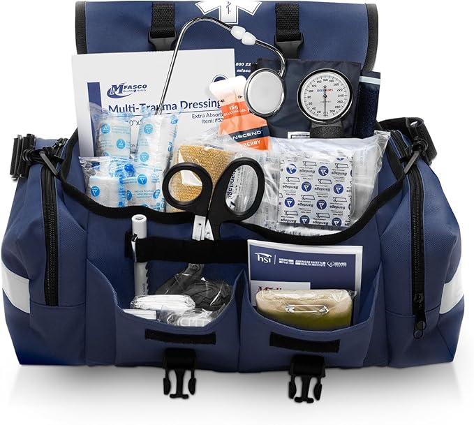 MFASCO Complete Emergency Response First Aid Kit Trauma Bag - 415 Piece Fully Stocked Supplies for Disaster Preparedness | for Business, Schools, Organizations, Groups, Home Safety (Reflective Blue)