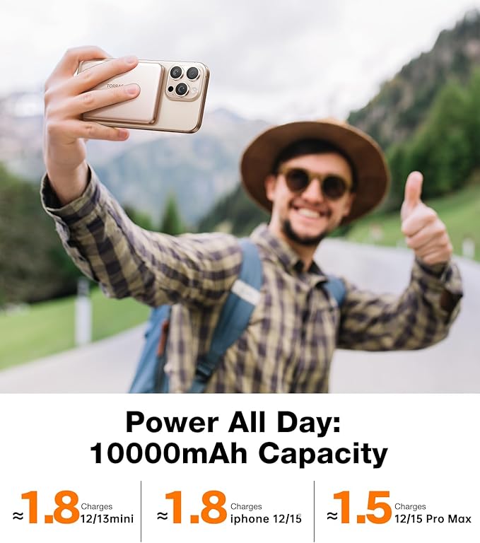 TORRAS MiniMag Power Bank,Ultra-Slim 10,000mAh Magnetic Wireless Portable Charger, 22.5W Fast Charging iPhone Air MagSafe Battery Pack Designed for iPhone 17 Pro Max/17 Pro/Air/16/15/14/13/12, Gold