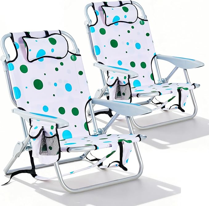 2 Pack Lightweight Portable Camping Beach Chair for Adults, Lay Flat Folding Beach Chairs with 5 Positions, Backpack Beach Chair with Towel Bar, Zipper Pouch, Cup Holder, Geometric Circle