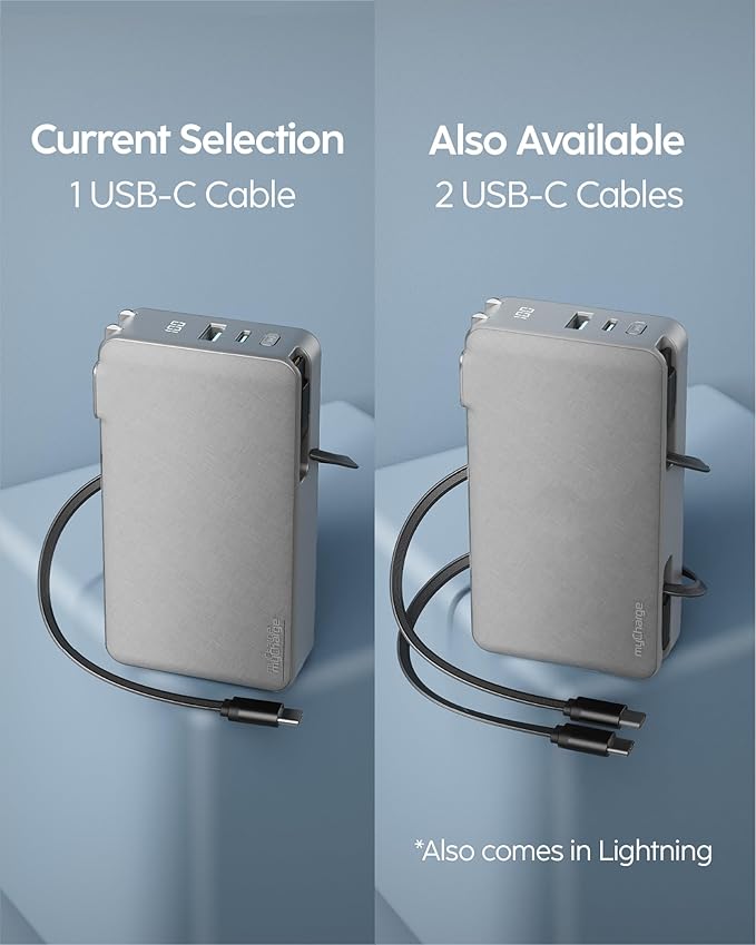 myCharge RetractaCharger 10000mAh Portable Charger Power Bank with 28-Inch Retractable USB-C Cable | Built-in Wall Plug | 30W PD Fast Charging | USB-C & A Ports | Digital Display | Grey