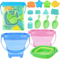 RACPNEL Collapsible Beach Toys for Kids, 3 Pack Foldable Sand Buckets and Shovels Set with Mesh Bag, Silicone Pails for Beach Travel Essentials, Easter Egg Hunt, Sand Toys Molds for Kids and Toddlers