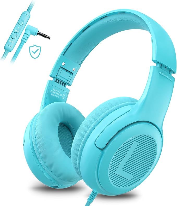 awatrue Kids Headphones for School Travel, 85/94dB Safe Volume Limit, 3.5mm Jack, HD Mic, Portable Wired Headphone with Shareport, Stereo Sound On-Ear Headphones for Toddler Kids Girls Boys Blue