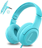 awatrue Kids Headphones for School Travel, 85/94dB Safe Volume Limit, 3.5mm Jack, HD Mic, Portable Wired Headphone with Shareport, Stereo Sound On-Ear Headphones for Toddler Kids Girls Boys Blue