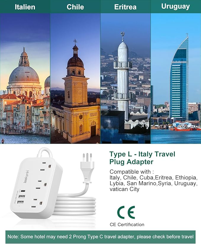 Italy Travel Plug Adapter, Type L Adapter for Travel with 3 Outlets 3 USB Ports (1 USB-C 3.4A), 3ft Wrapped Around Extension Cord, Power Adaptor for US to Italy Chile Rome Uruguay Milan Libya