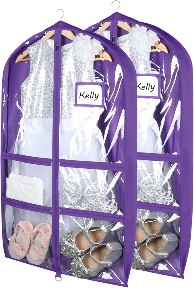 Syeeiex Clear Dance Costume Garment Bag with 3" Gussetes(2 Pack), 40'' Garment Bags for Dance Costumes, Kids Dance Garment Bag with 4 Medium Zippered Pocket - Suitable for Dance Competitions(Purple)