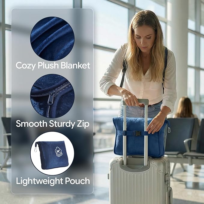 Travel Blanket, Soft 2-in-1 Airplane Blanket, 65x40 Inches, Travel Blanket Airplane Compact with Bag, Car Blanket with Luggage Sleeve & Backpack Clip (Navy Blue)