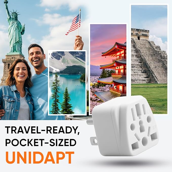 US Travel Plug Adapter, Unidapt EU/UK/AU/CN/JP/Asia/Italy/Brazil to USA Type B, Grounded USA Wall Plug, Europe to US Travel Adaptor Pin Converter, Power Outlet Wall Charger 1-Pack