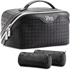 BOYATU Travel Makeup Bag Cosmetic Bags for Women: Large Capacity 3 Pcs Set Make up Bag with Compartments - Waterproof Vegan Leather Toiletry Organizer Bags with Handle (L15 Black)