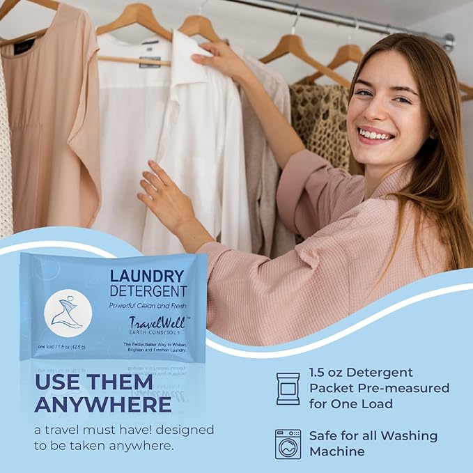 Travelwell Laundry Detergent Powder - Individually Wrapped Bulk Travel Laundry Detergent Packs - Hospitality Cleaning Supplies - Pack of 200, 1.5 oz