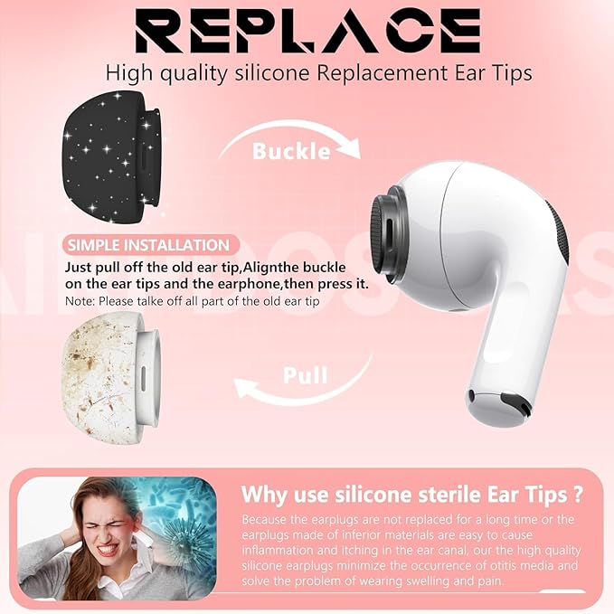 4 Pairs Replacement Ear Tips for AirPods Pro 2nd/1st Generation with Portable Storage Box & Cleaner Pen,Noise Reduction Holewith & Built-in dust Guard Screen,Silicone EarTips(Black)