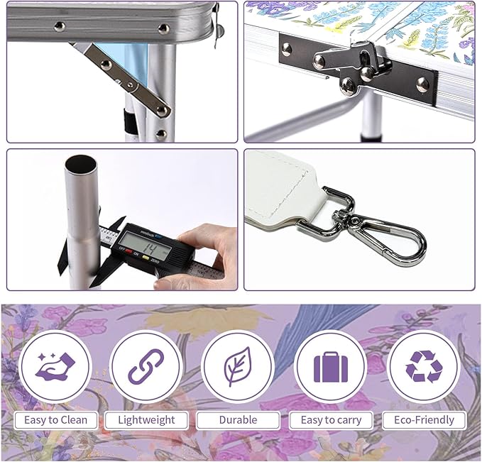 Folding Camping Table 2ft Portable Picnic Table Adjustable Height, Small Lightweight Aluminum Foldable Card Table,Hands-Free Carry for Outdoor Camp BBQ Beach (Blooming Floral with Shoulder Strap)