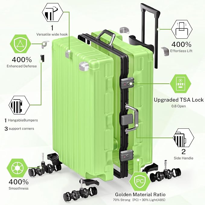 Krute Aluminum Frame Luggage 28 Inch Checked Suitcase with Spinner Wheels TSA Approved No Zipper Hard Shell Luggage PC+ABS Travel Suitcase Green
