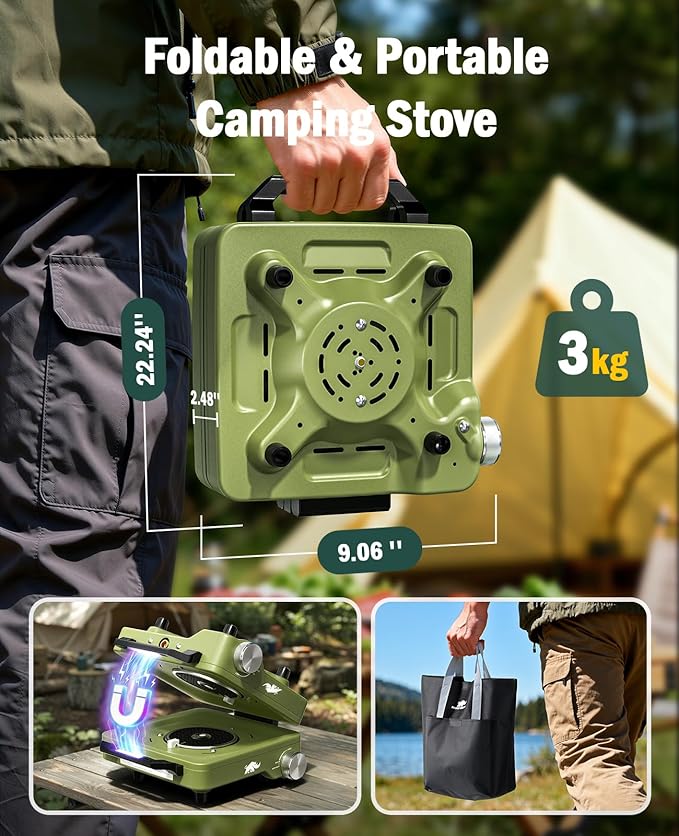 2 Propane Burners Camping Stove, 30,000 BTU Folding Camp Stove with Windproof Grates and Frying Pan, Portable Camping Stoves with Carrying Bag, Camping Essentials for Tailgating/Grilling/Coffee, Green