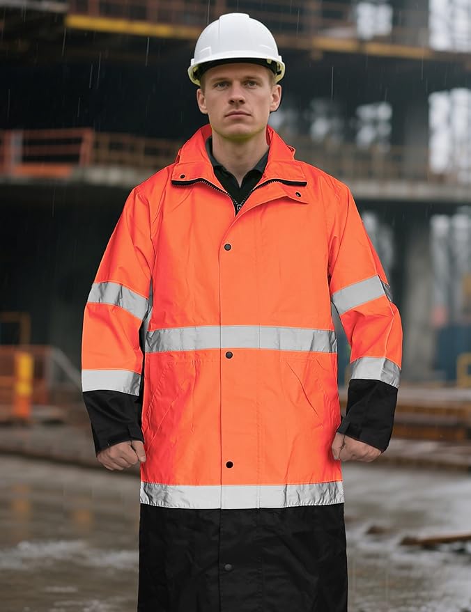 Ubon Men's Hi Vis Long Raincoat Waterproof Reflective Safety Rain Jacket High Visibility with Detachable Hood