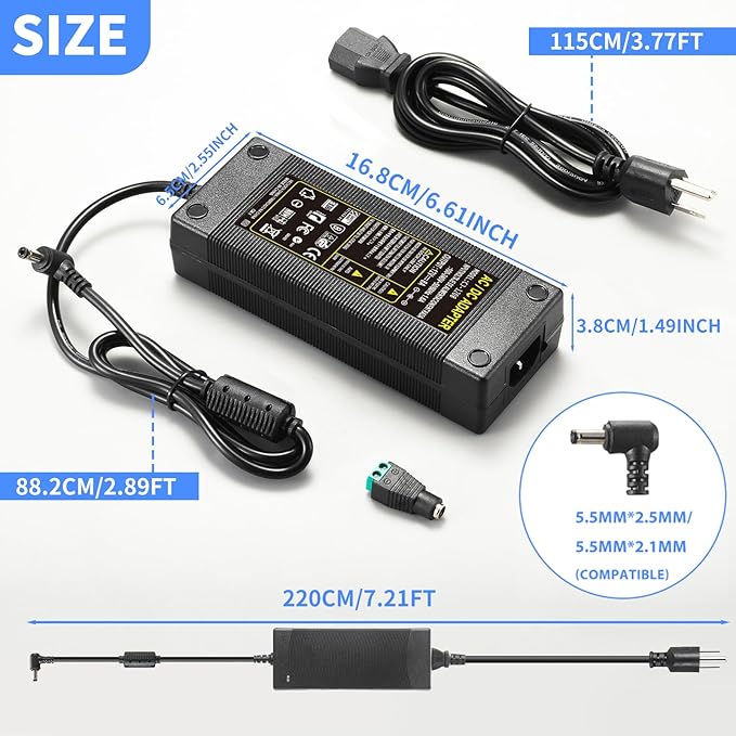 12V 8A Power Supply 96W 100V~240V AC to DC Adapter Converter Transformer,12 Volt 8 Amp 7A 6A 5A 4A 3A Power Supply Adapter with 5.5mm x 2.5mm/2.1mm Output Jack for 12V LED Strip Light Camera Printer