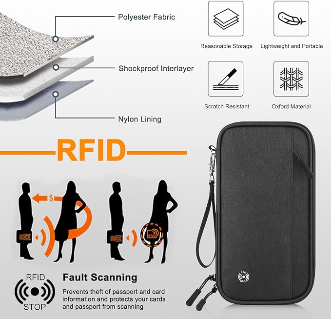 Passport Holder Family, RFID Blocking Travel Wallet Women Men, Travel Document Organizer Premium Wallets Passport Holders Bag, Lightweight Zipper Credit Cards Case Cover for Travel, (Black-Medium)