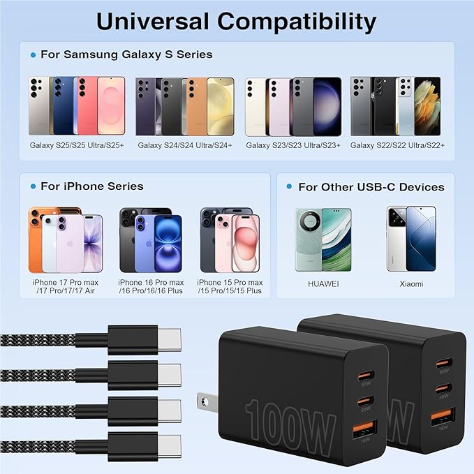 65W Super Fast Charger Type C for Samsung,3 Port 100W Quick Charging 3.0 USB C Block & 3/6/10/10FT Braided Type C Cord for Samsung Galaxy S26 Ultra/S26/S25 Ultra/iPhone 17 Pro/MacBook Pro/Air-Blue