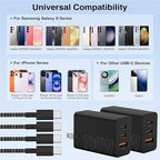 65W Super Fast Charger Type C for Samsung,3 Port 100W Quick Charging 3.0 USB C Block & 3/6/10/10FT Braided Type C Cord for Samsung Galaxy S26 Ultra/S26/S25 Ultra/iPhone 17 Pro/MacBook Pro/Air-Blue
