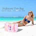 Fammart Iridescent Clear Beach Bag for Women, Jelly Tote Bag Waterproof Sandproof Pool Bag Cruise Vacation Essentials