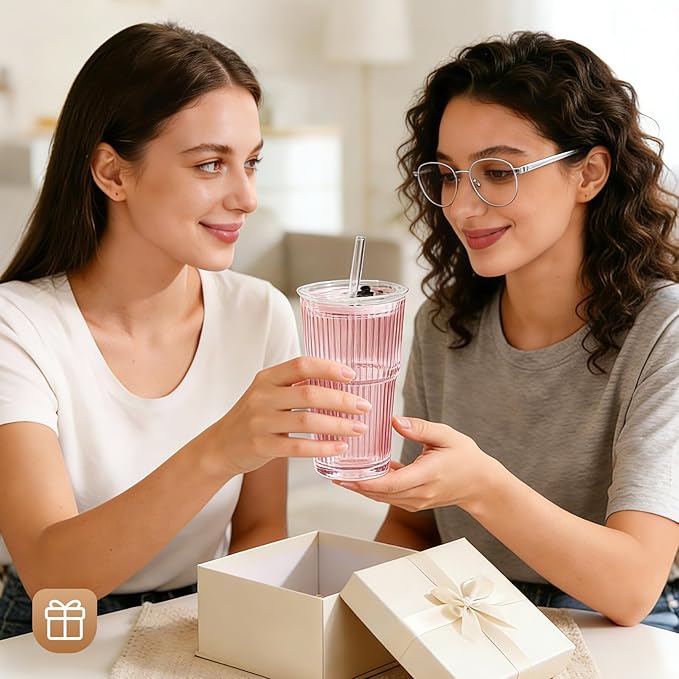 GOSCHE 20oz Iced Coffee Cups with Lids, Glass Cups with Lids and Straws, Thickened Glass Tumbler Set Ideal for Latte, Juices, Cocktails and Beverage, Pink, 2 Pack
