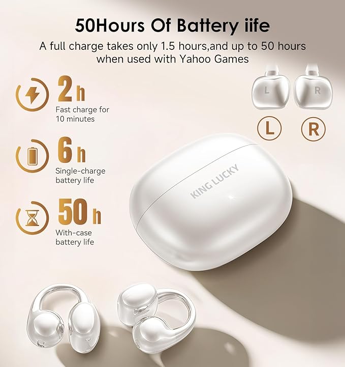King Lucky Clip-On Earbuds Gen 3, Open-Ear Wireless Bluetooth 6.0 Headphones with Mic, Secure Fit for Small Ears & Glasses Wearers, 50H Playtime, ENC, IPX5 Waterproof Sport Ear Buds (Light White)