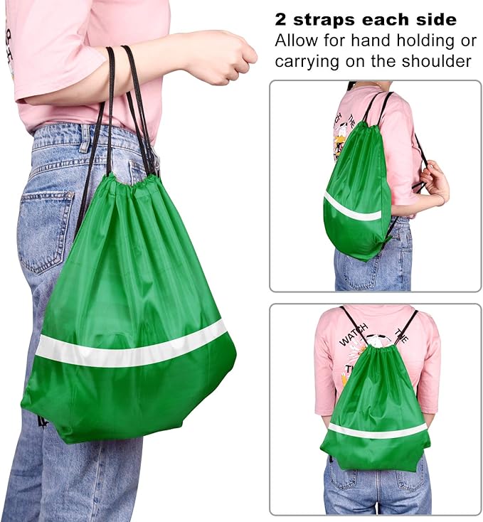 KUUQA 12 Pcs Drawstring Backpack Bag Bulk Reflective Backpack Dark Green String Bags Cinch Sack Backpack for Team Yoga Sport Gym Traveling