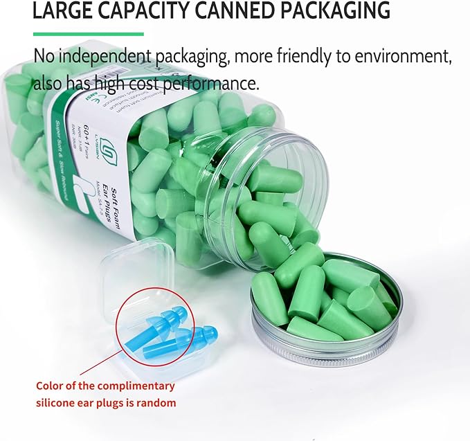 LYSIAN Foam Ear Plugs for Sleeping, 60 Pairs, SNR 38dB Noise Reduction Earplugs, Soft Slow Rebound Earplugs for Snoring, Study, Travel, Concerts, Work and Hearing Protection, Green