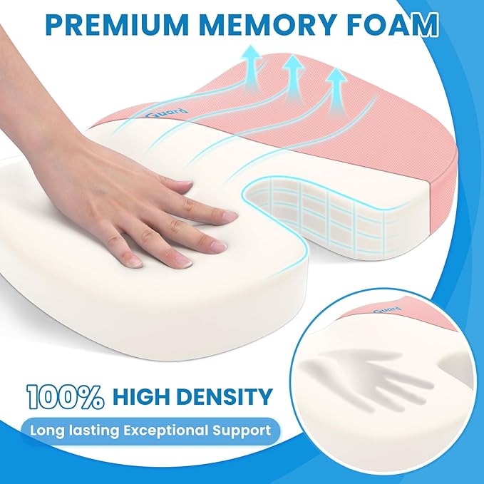 TushGuard Seat Cushion for Office Chair Memory Foam Non-Slip Cushion Back, Relief Chair Pad, Butt Pillow for Office, Car, Computer Desk, Pink, X-Large