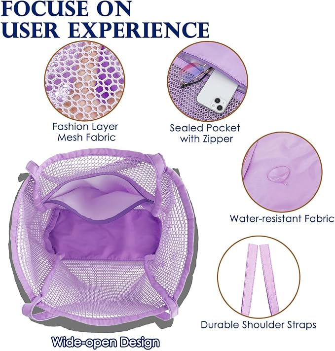 Fammart Mesh Beach Bag, Large Beach Tote with Zipper Pocket, Toys Pool Bag for Family Travel Vacation Cruise Essentials