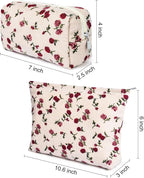 SOIDRAM 2 Pieces Rose Makeup Bag Large Corduroy Cosmetic Bag Capacity Canvas Mix Travel Toiletry Bag Organizer Cute Makeup Brushes Aesthetic Accessories Storage Bag for Women, Rose Mix White