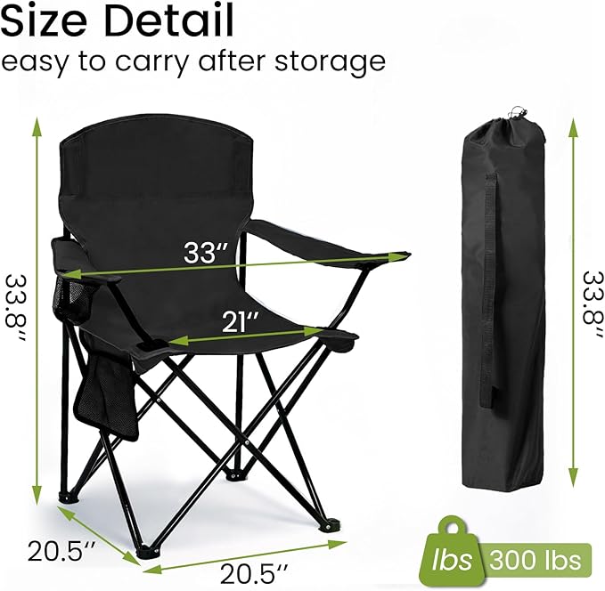 Camping Chair 2 Pack Portable Folding Chair, Supports 300lbs, Lightweight Stable Outdoor Chair for Camping Hiking Fishing Beach Travel Picnic, Compact Collapsible Camping Seat, Classic Black