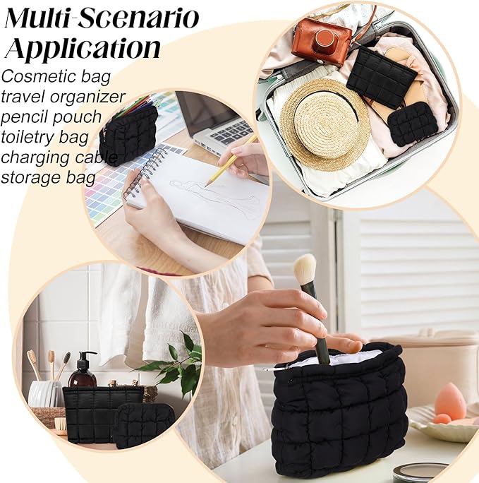 Huhumy 2 Pcs Puffy Makeup Bag Quilted Cosmetic Pouch for Women Cute Checkered Travel Toiletry Bag Puffer Makeup Organizer Purse Pouch Preppy Pencil Case with Zipper(Black)