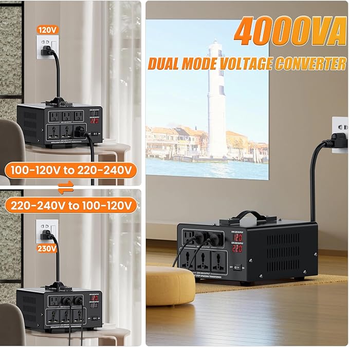 1000W Voltage Converter Transformer Step Up 110V/120V to220V/240V or Step Down 220V to 110V AC Power Converte, Circuit Breaker Protection, 2 US sockets, 2 Universal sockets, LCD Display
